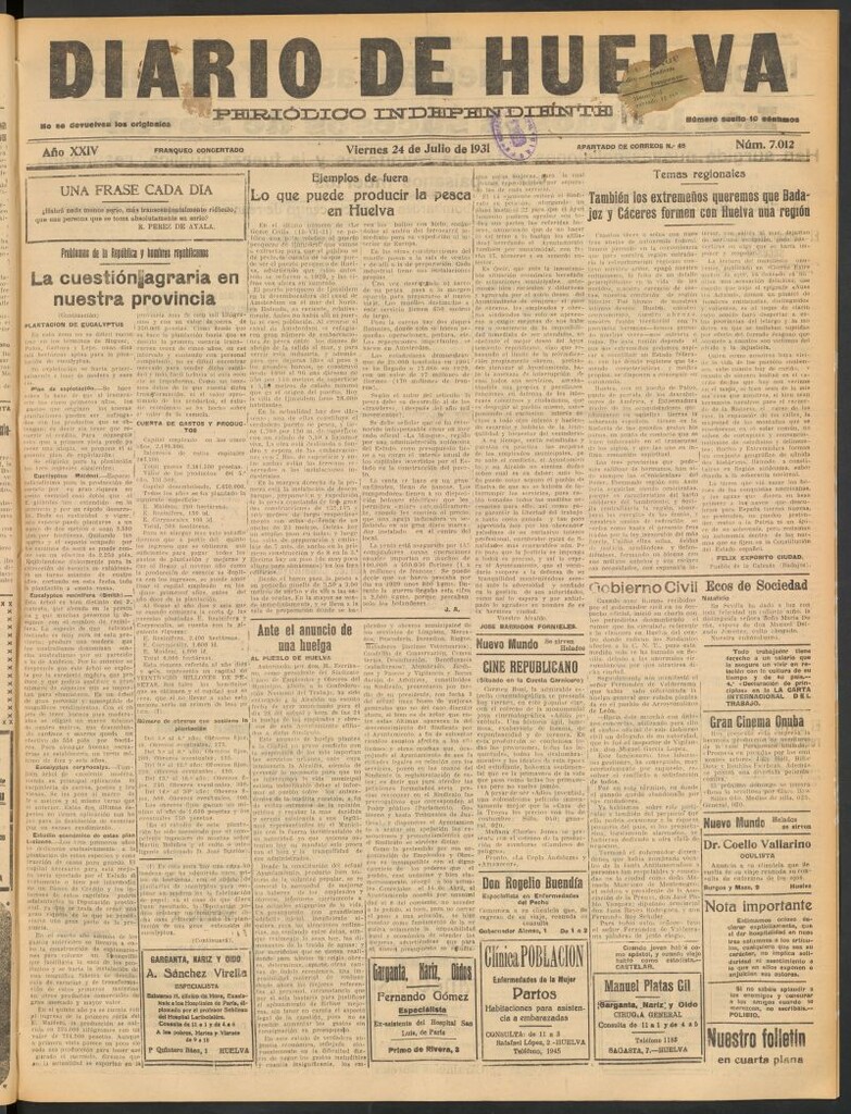 Miniatura de Diario de Huelva : periódico independiente del 24 de julio de 1931
