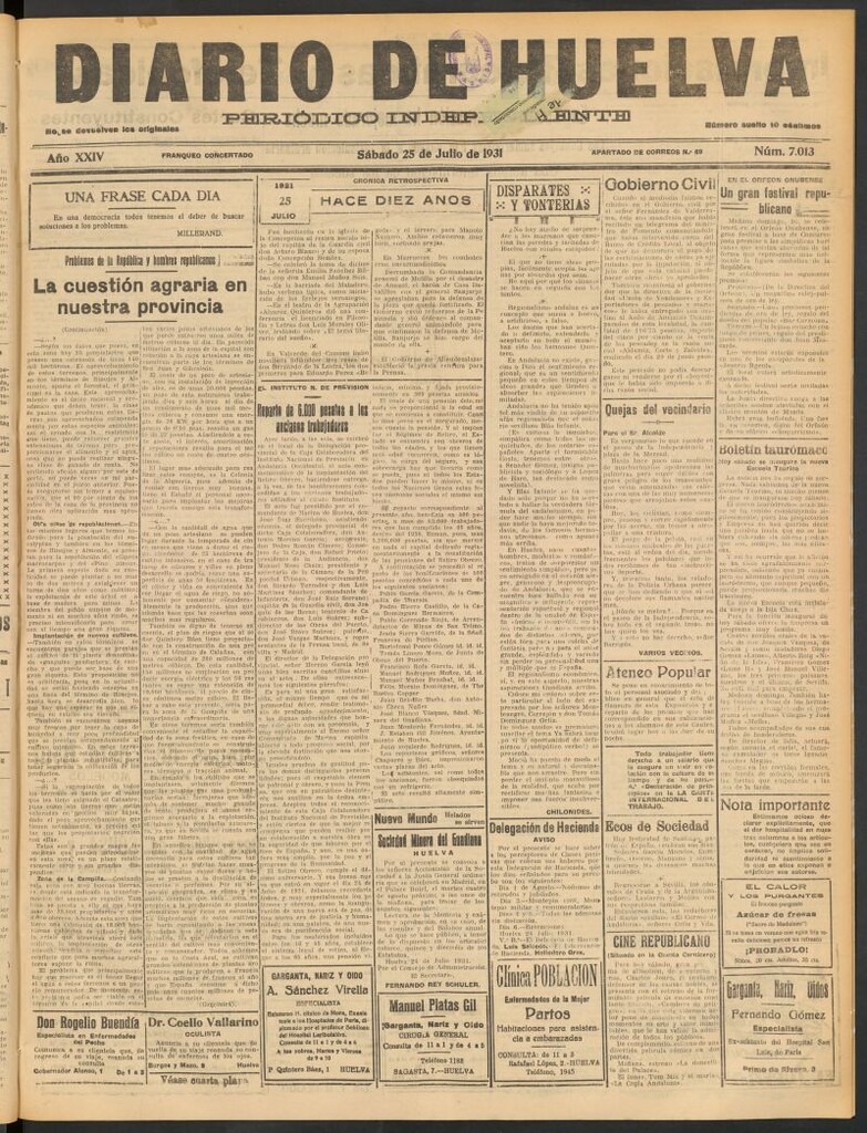Miniatura de Diario de Huelva : periódico independiente del 25 de julio de 1931