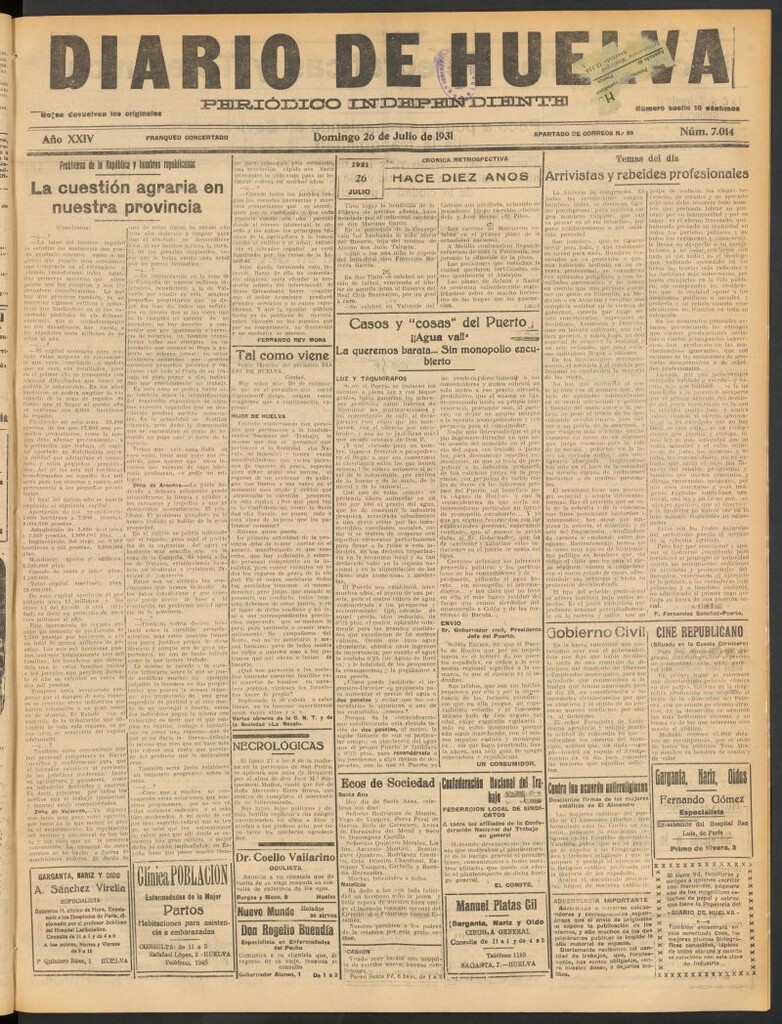 Miniatura de Diario de Huelva : periódico independiente del 26 de julio de 1931