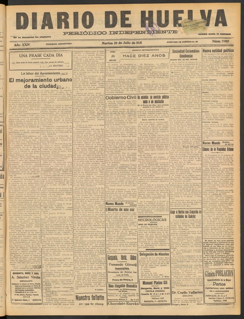 Miniatura de Diario de Huelva : periódico independiente del 28 de julio de 1931