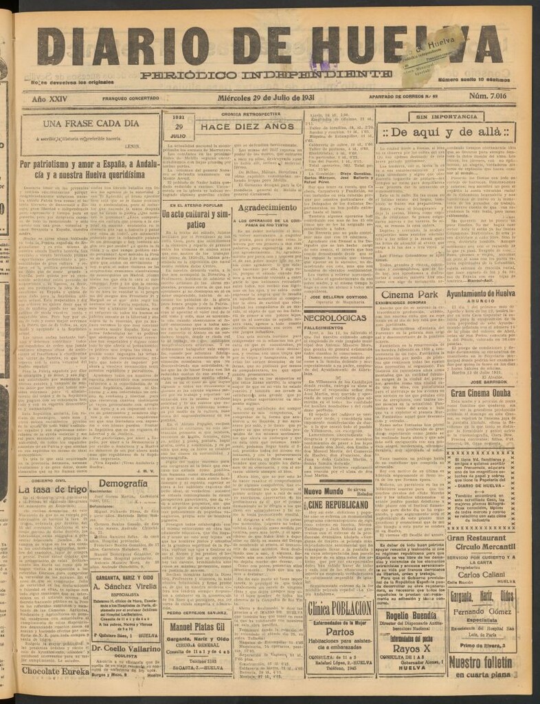Miniatura de Diario de Huelva : periódico independiente del 29 de julio de 1931