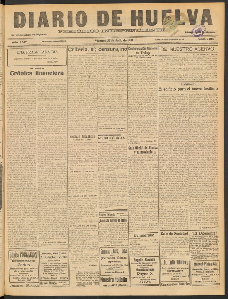 Miniatura de Diario de Huelva : periódico independiente del 31 de julio de 1931