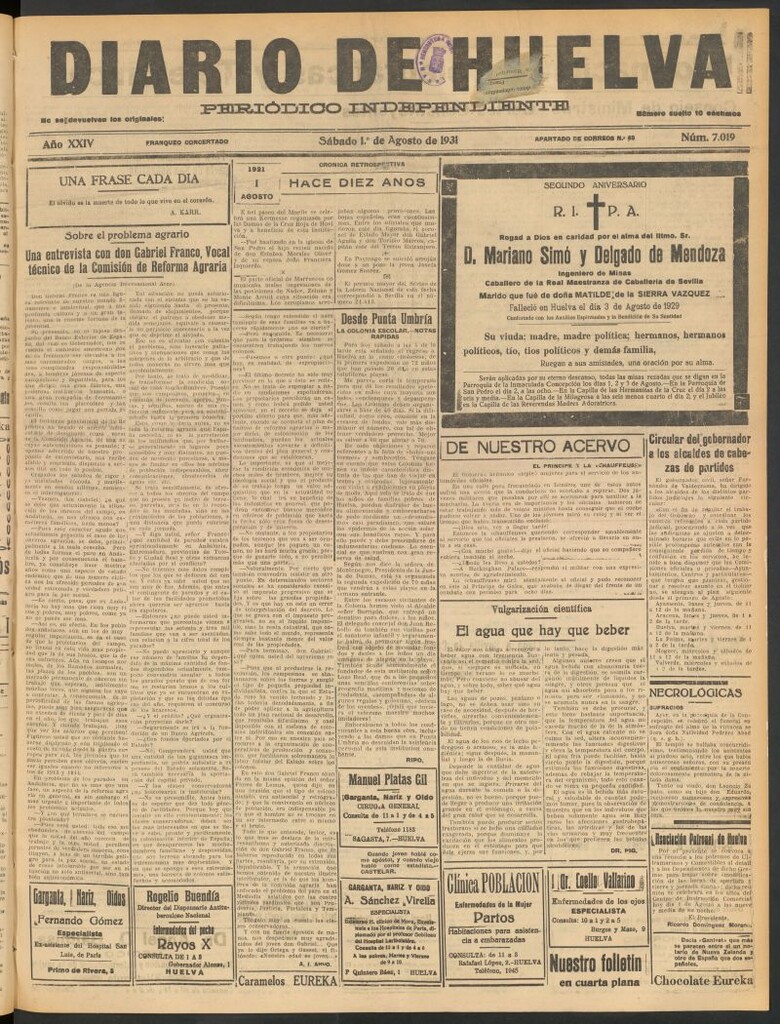 Miniatura de Diario de Huelva : periódico independiente del 1 de agosto de 1931