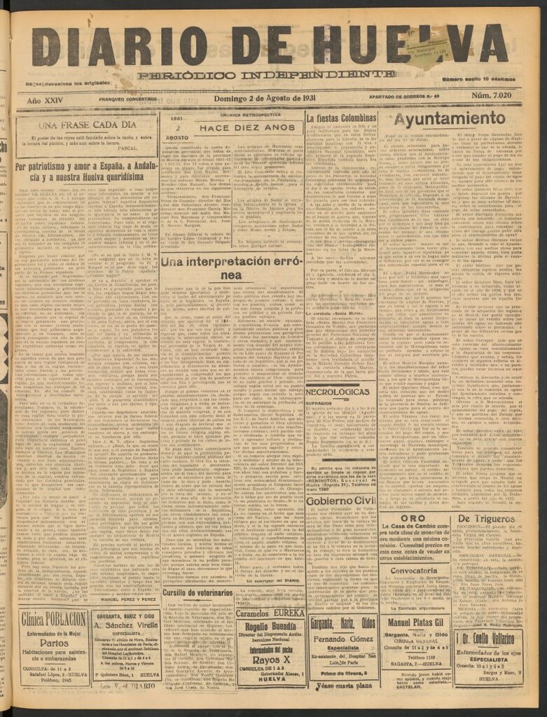 Miniatura de Diario de Huelva : periódico independiente del 2 de agosto de 1931