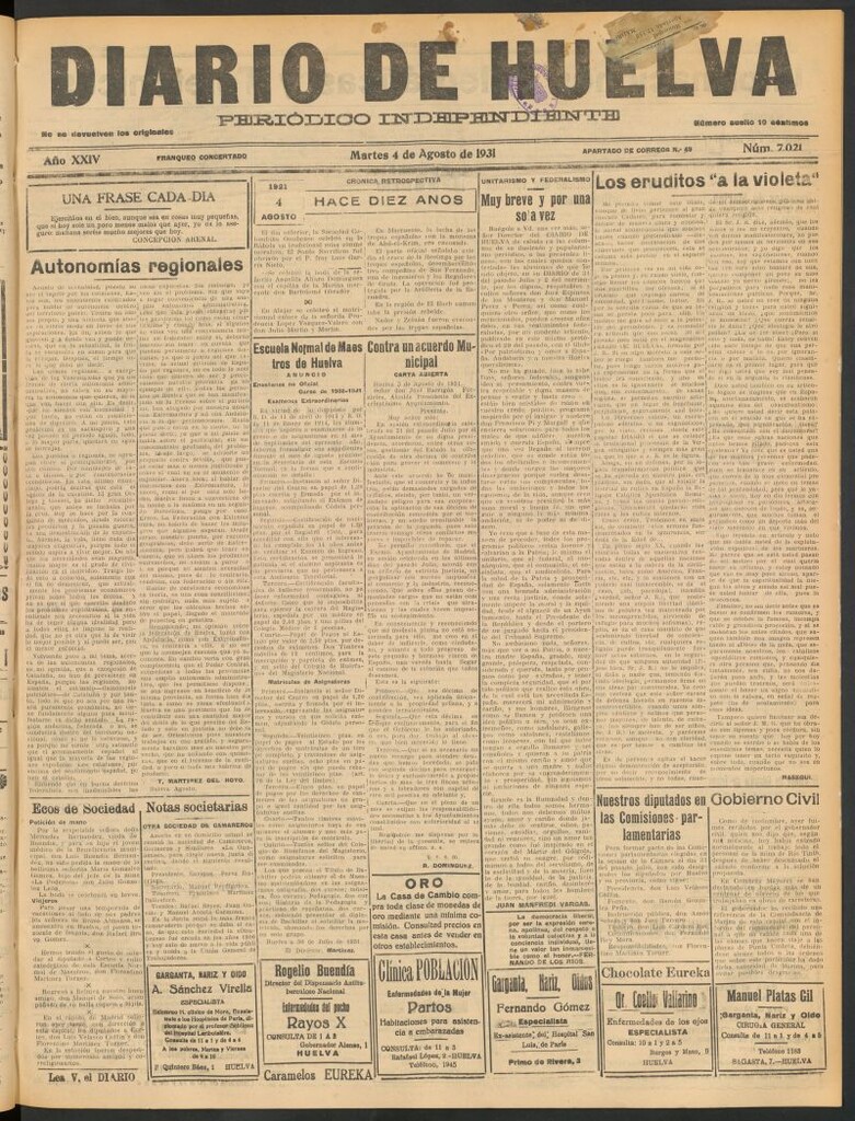 Miniatura de Diario de Huelva : periódico independiente del 4 de agosto de 1931