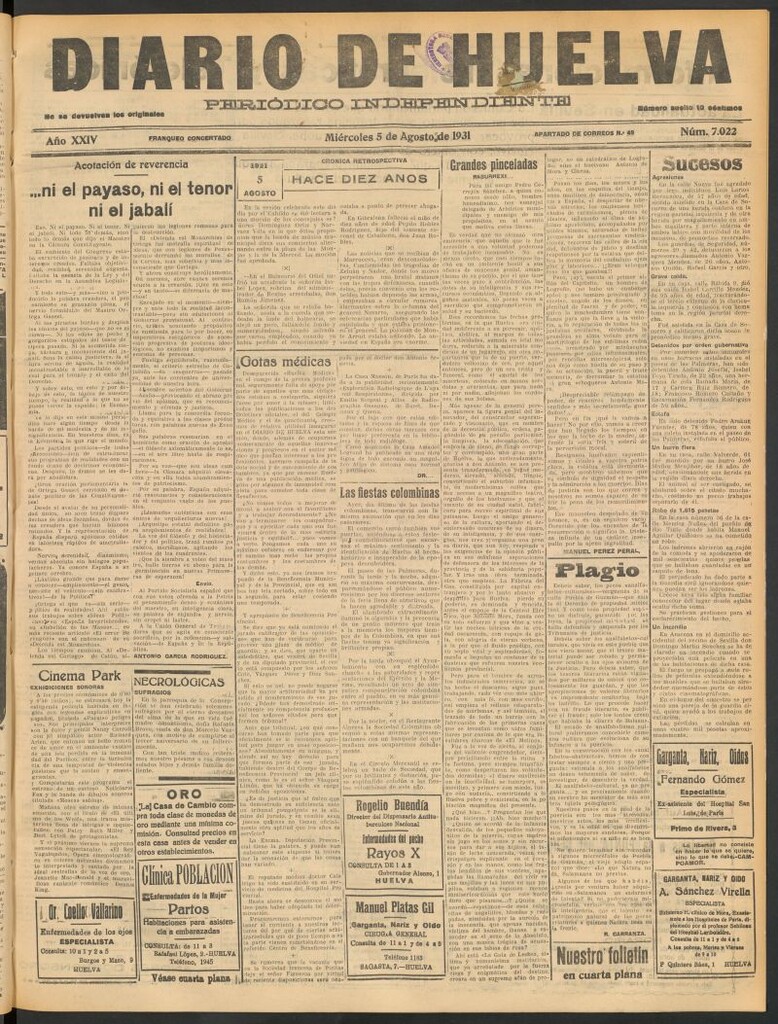 Miniatura de Diario de Huelva : periódico independiente del 5 de agosto de 1931