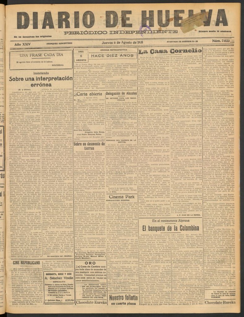 Miniatura de Diario de Huelva : periódico independiente del 6 de agosto de 1931