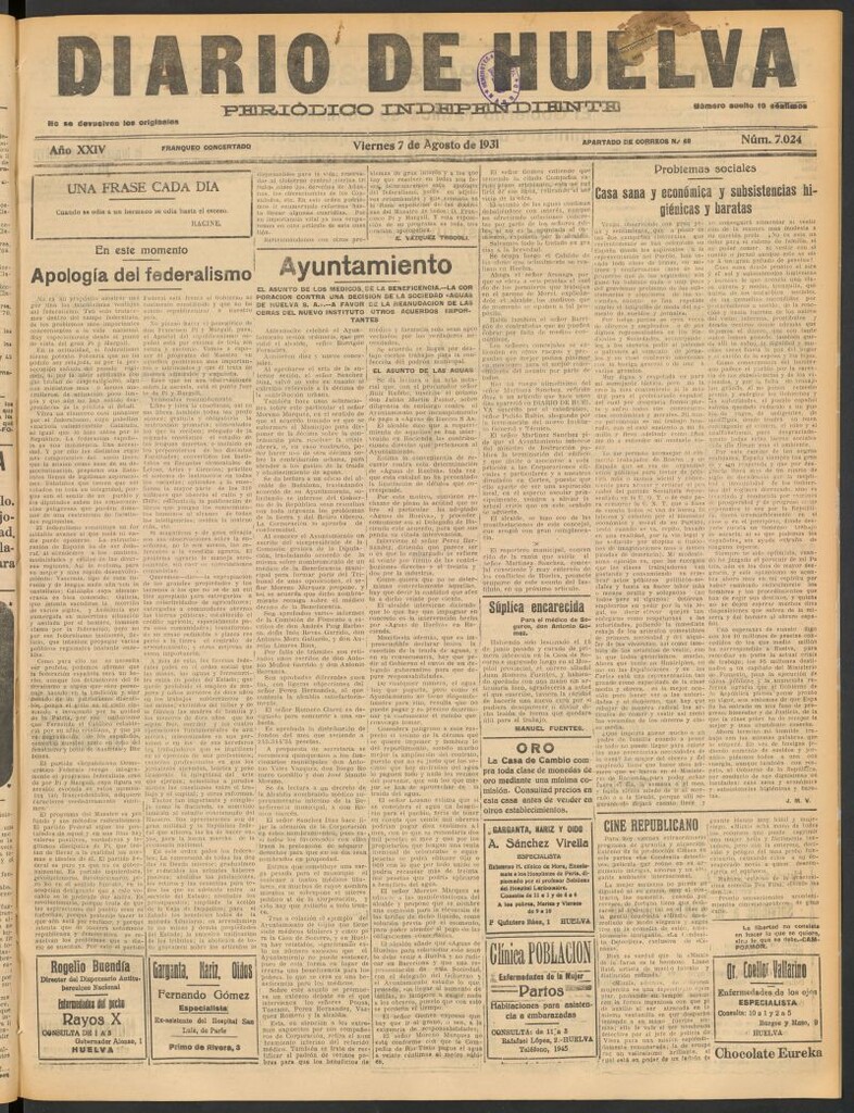 Miniatura de Diario de Huelva : periódico independiente del 7 de agosto de 1931