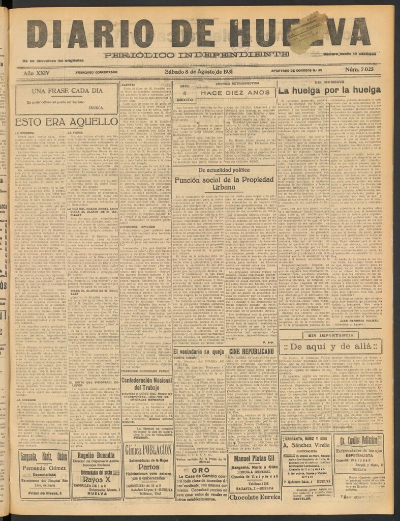 Miniatura de Diario de Huelva : periódico independiente del 8 de agosto de 1931