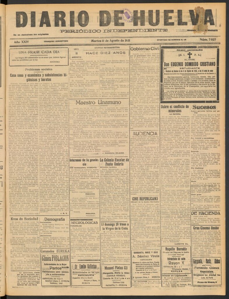 Miniatura de Diario de Huelva : periódico independiente del 11 de agosto de 1931