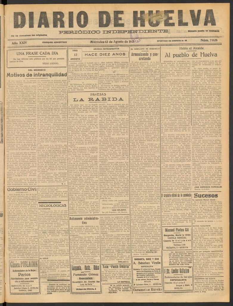 Miniatura de Diario de Huelva : periódico independiente del 12 de agosto de 1931