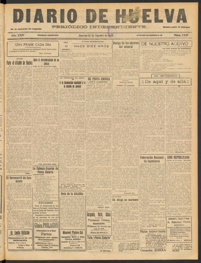 Miniatura de Diario de Huelva : periódico independiente del 13 de agosto de 1931