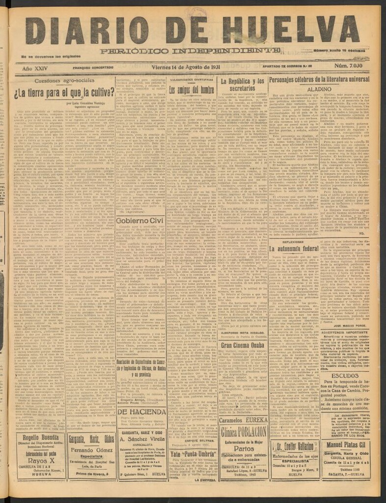 Miniatura de Diario de Huelva : periódico independiente del 14 de agosto de 1931