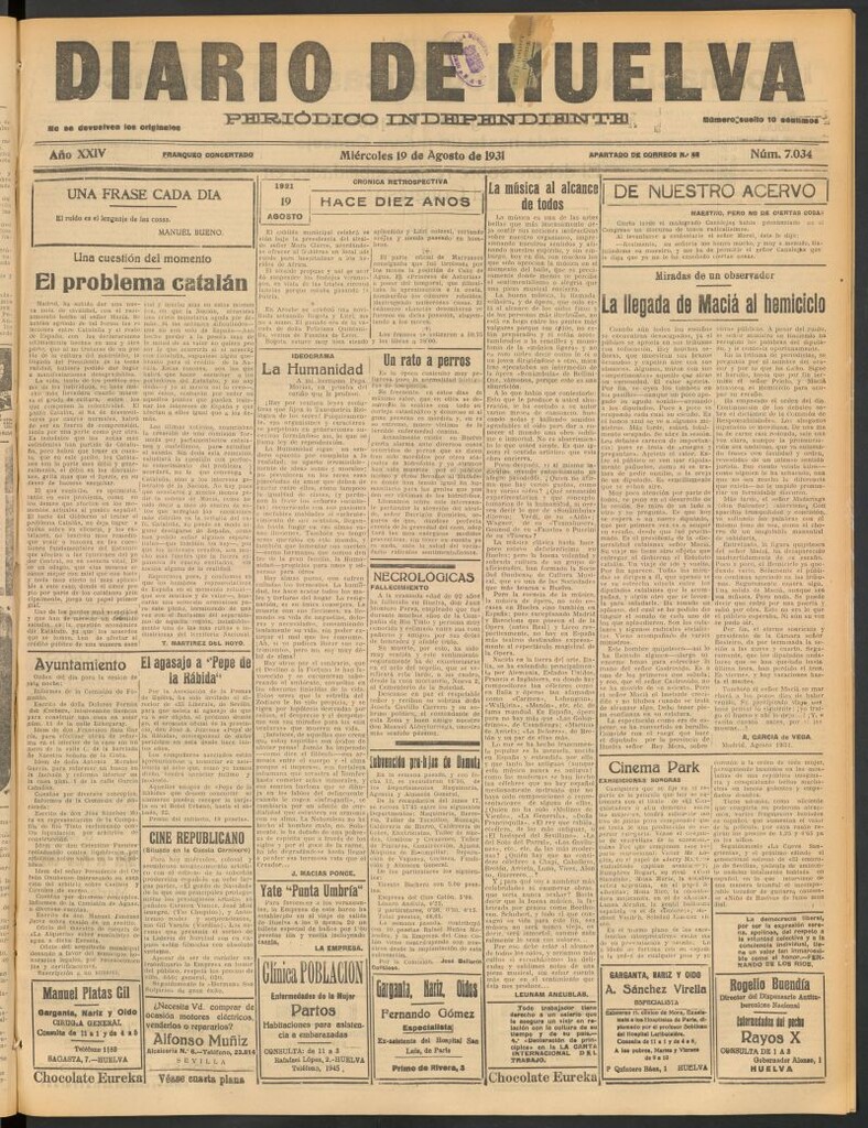 Miniatura de Diario de Huelva : periódico independiente del 19 de agosto de 1931