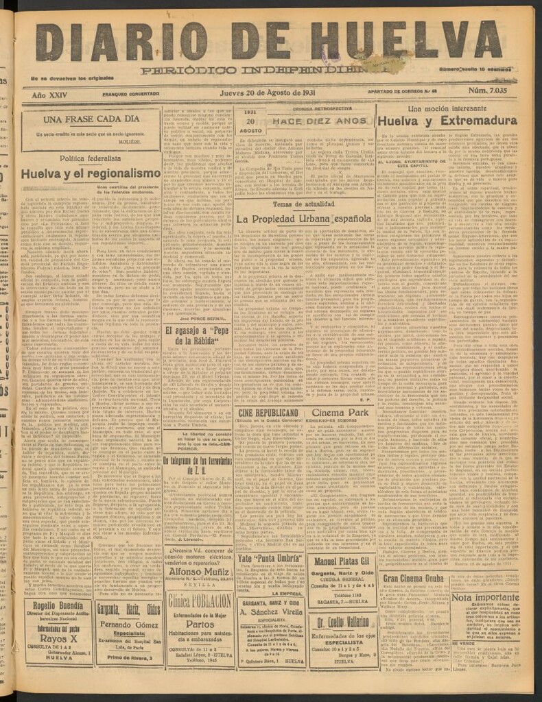 Miniatura de Diario de Huelva : periódico independiente del 20 de agosto de 1931