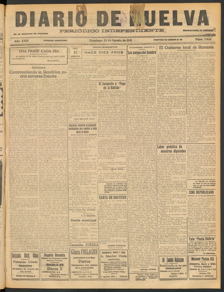 Miniatura de Diario de Huelva : periódico independiente del 23 de agosto de 1931