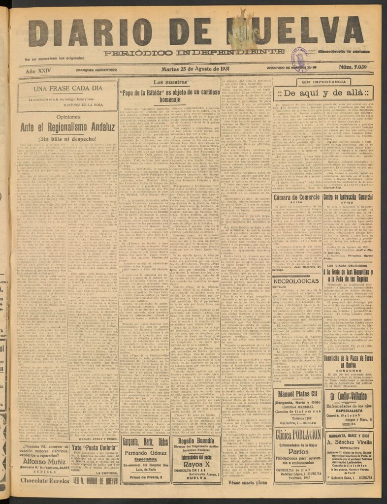 Miniatura de Diario de Huelva : periódico independiente del 25 de agosto de 1931