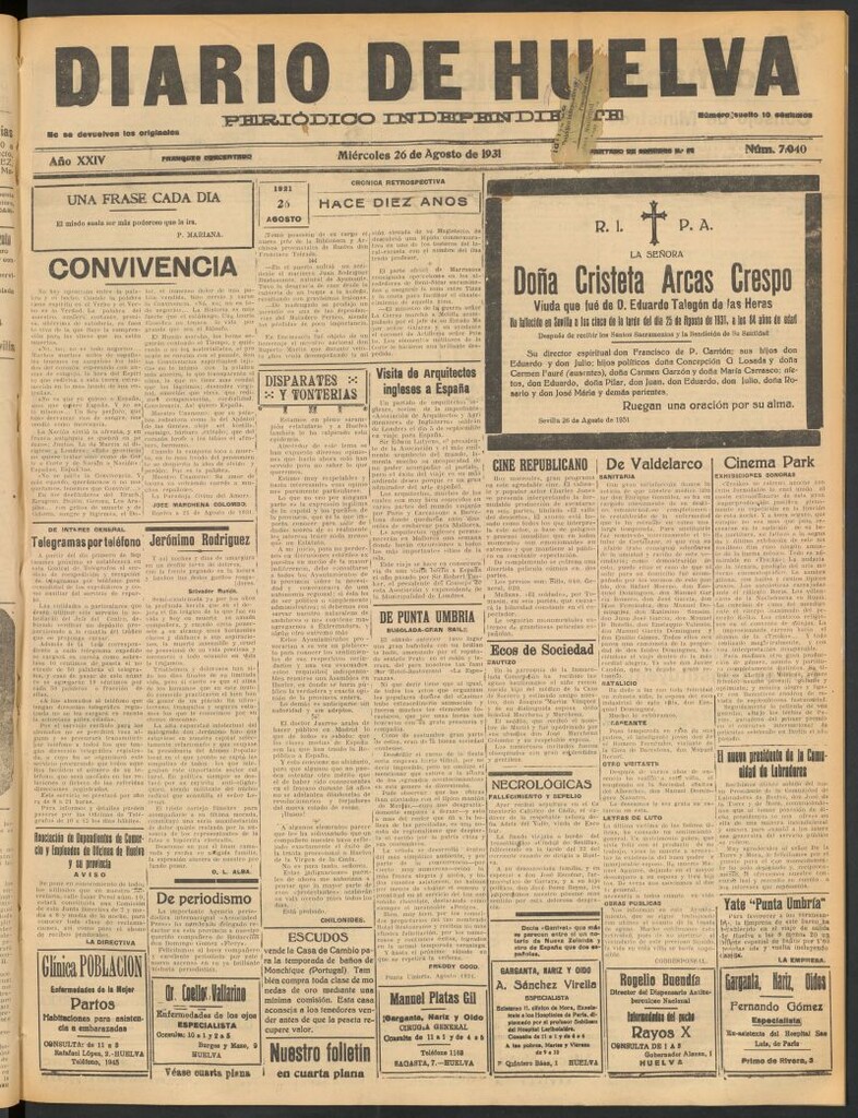 Miniatura de Diario de Huelva : periódico independiente del 26 de agosto de 1931