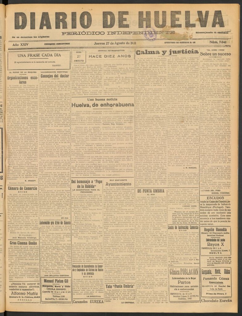 Miniatura de Diario de Huelva : periódico independiente del 27 de agosto de 1931