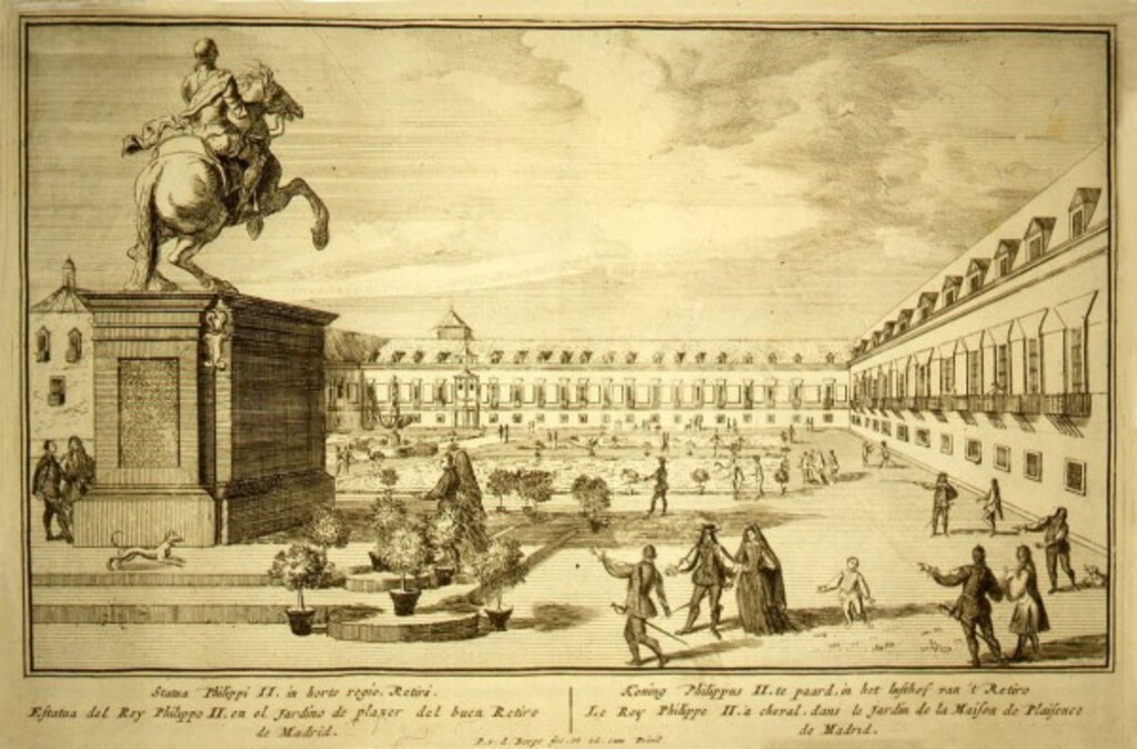 Miniatura de El palacio del Buen Retiro y la estatua de Felipe IV. Madrid