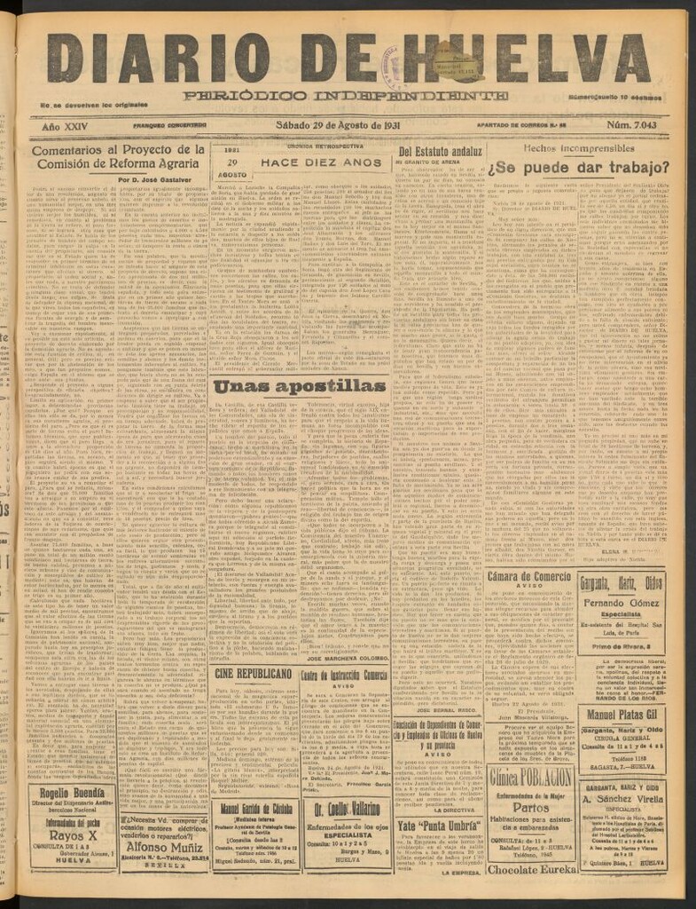 Miniatura de Diario de Huelva : periódico independiente del 29 de agosto de 1931