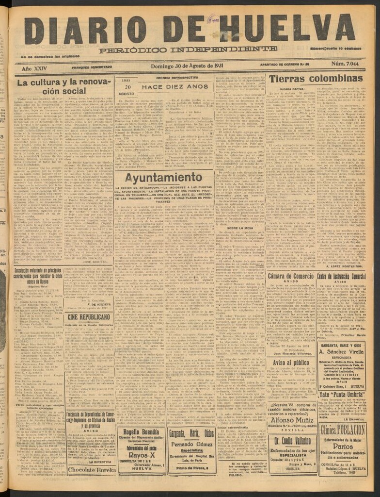 Miniatura de Diario de Huelva : periódico independiente del 30 de agosto de 1931