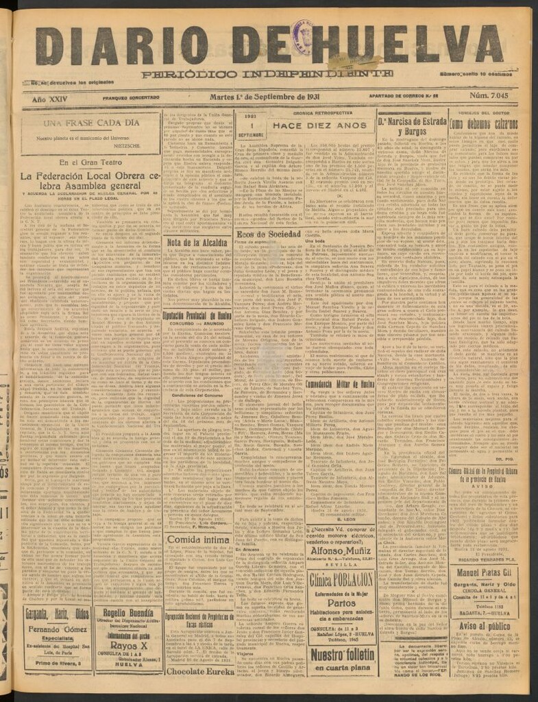 Miniatura de Diario de Huelva : periódico independiente del 1 de septiembre de 1931