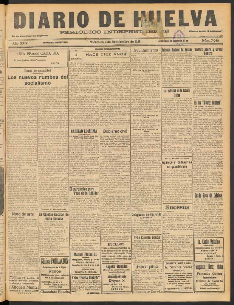 Miniatura de Diario de Huelva : periódico independiente del 2 de septiembre de 1931