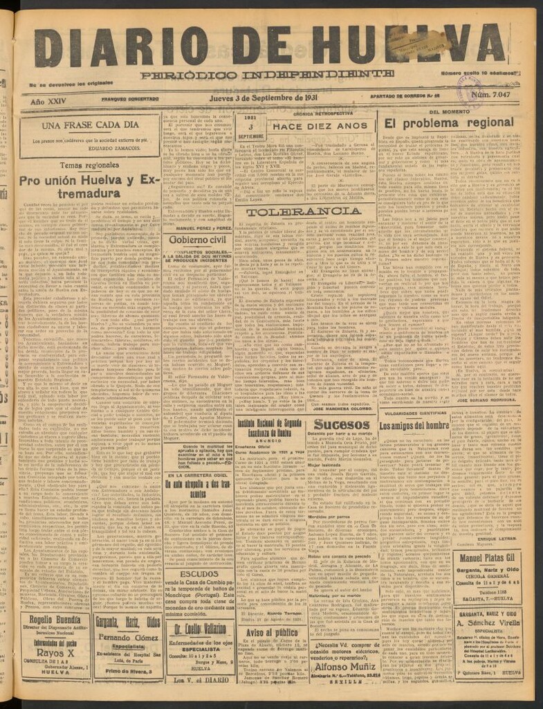 Miniatura de Diario de Huelva : periódico independiente del 3 de septiembre de 1931