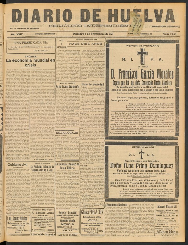 Miniatura de Diario de Huelva : periódico independiente del 6 de septiembre de 1931