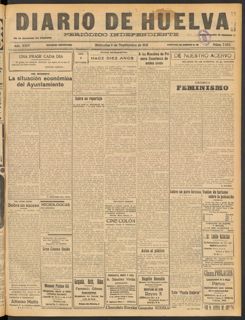 Miniatura de Diario de Huelva : periódico independiente del 9 de septiembre de 1931