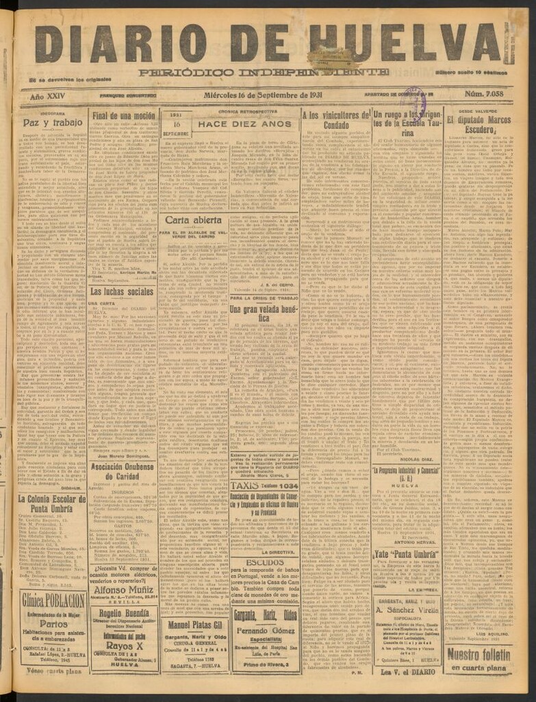 Miniatura de Diario de Huelva : periódico independiente del 16 de septiembre de 1931