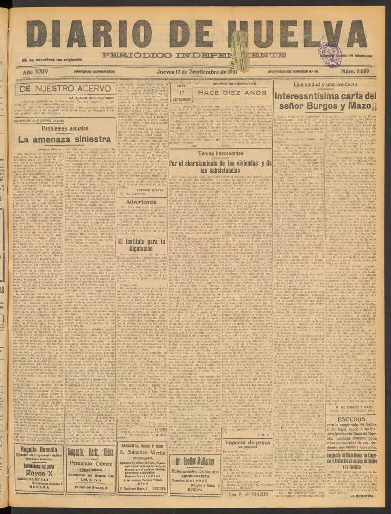 Miniatura de Diario de Huelva : periódico independiente del 17 de septiembre de 1931