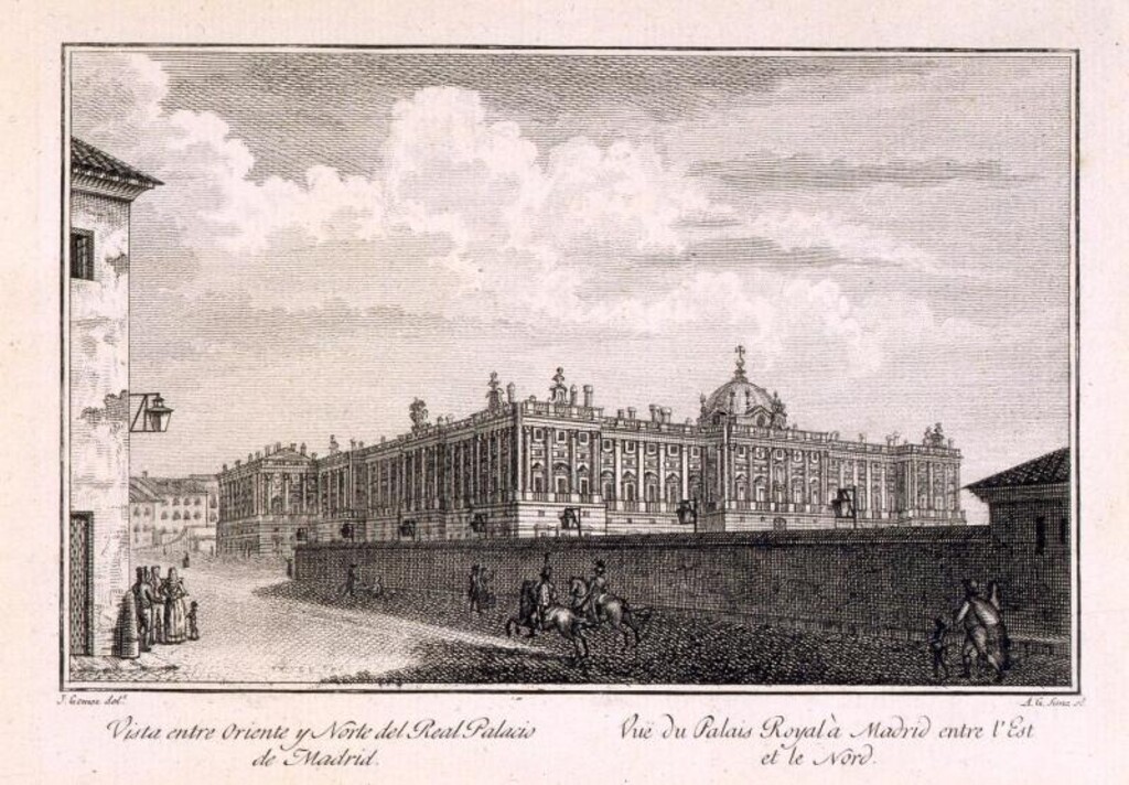 Miniatura de Vista del Real Palacio nuevo de Madrid desde el noreste con la ampliación por Sabatini del ala de San Gil