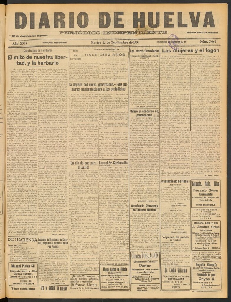 Miniatura de Diario de Huelva : periódico independiente del 22 de septiembre de 1931