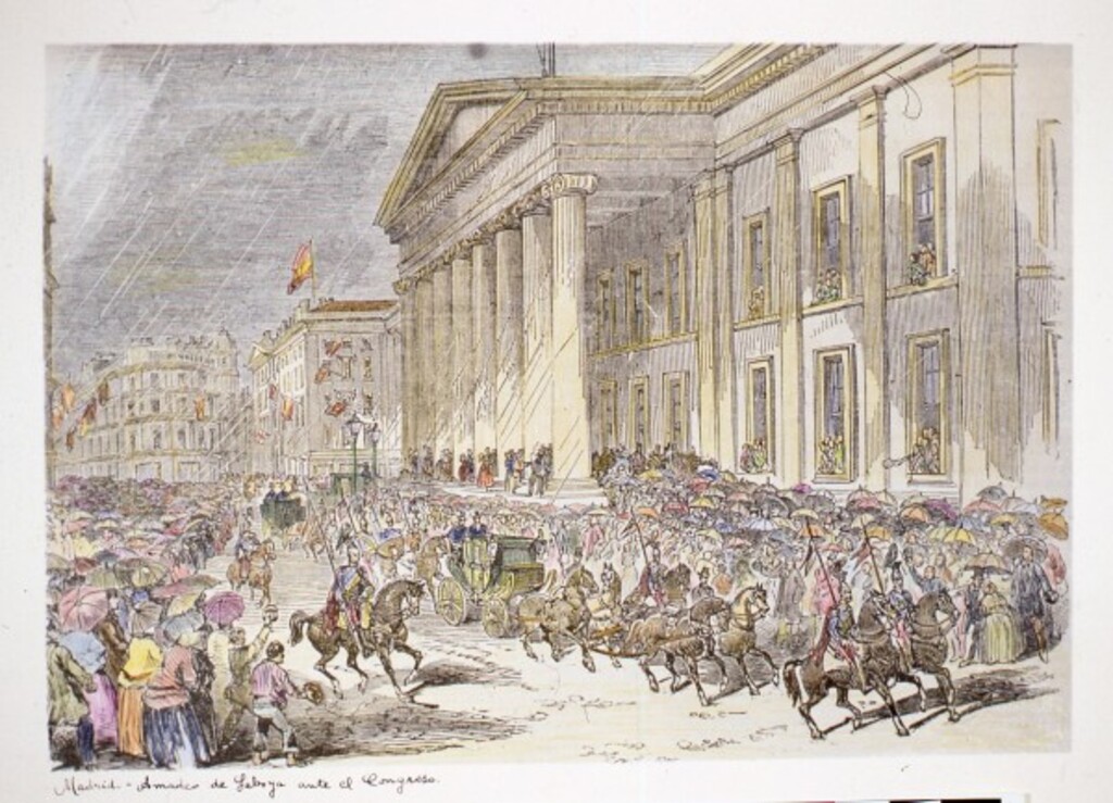 Miniatura de Amadeo de Saboya ante el Congreso