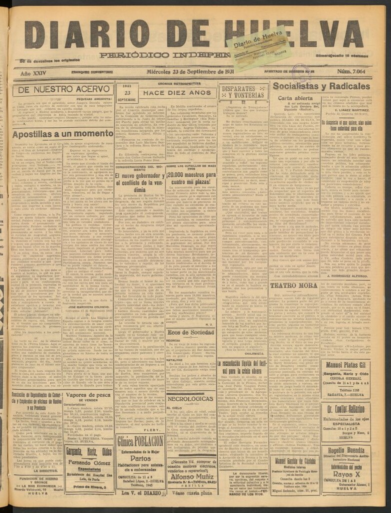 Miniatura de Diario de Huelva : periódico independiente del 23 de septiembre de 1931