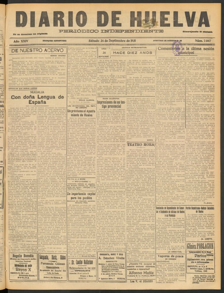 Miniatura de Diario de Huelva : periódico independiente del 26 de septiembre de 1931