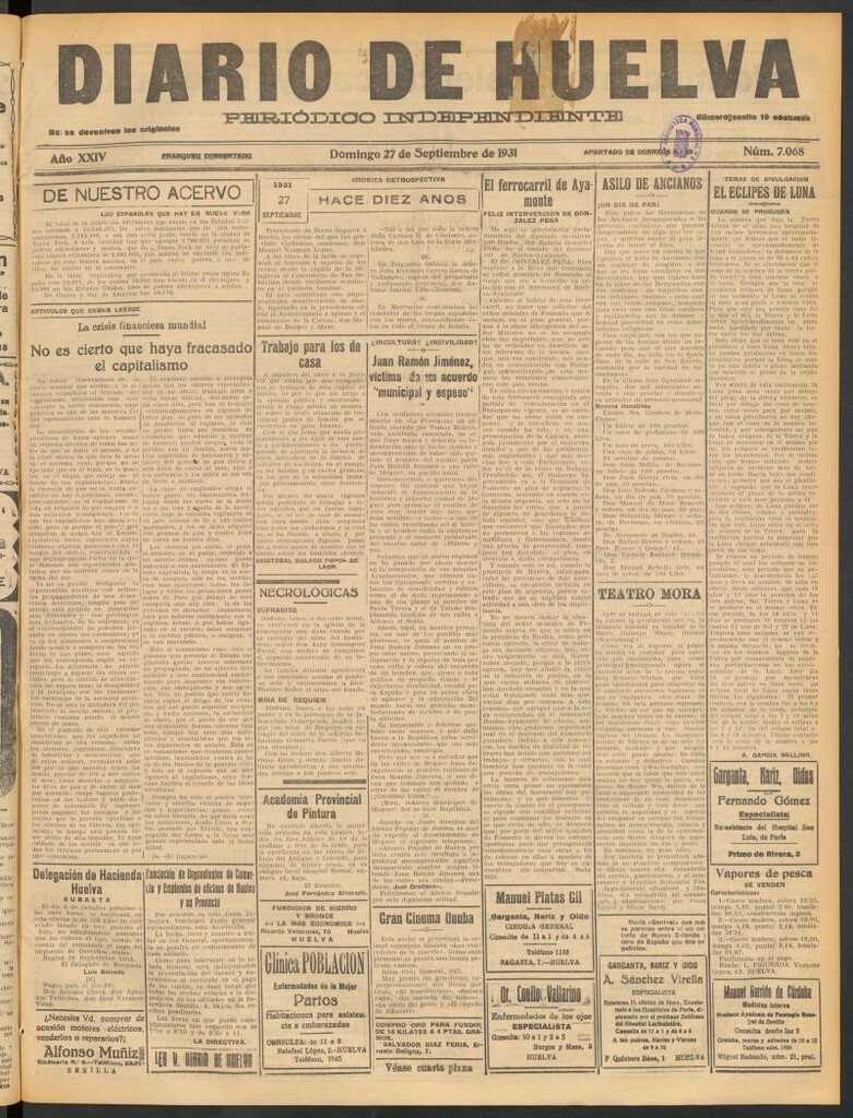 Miniatura de Diario de Huelva : periódico independiente del 27 de septiembre de 1931
