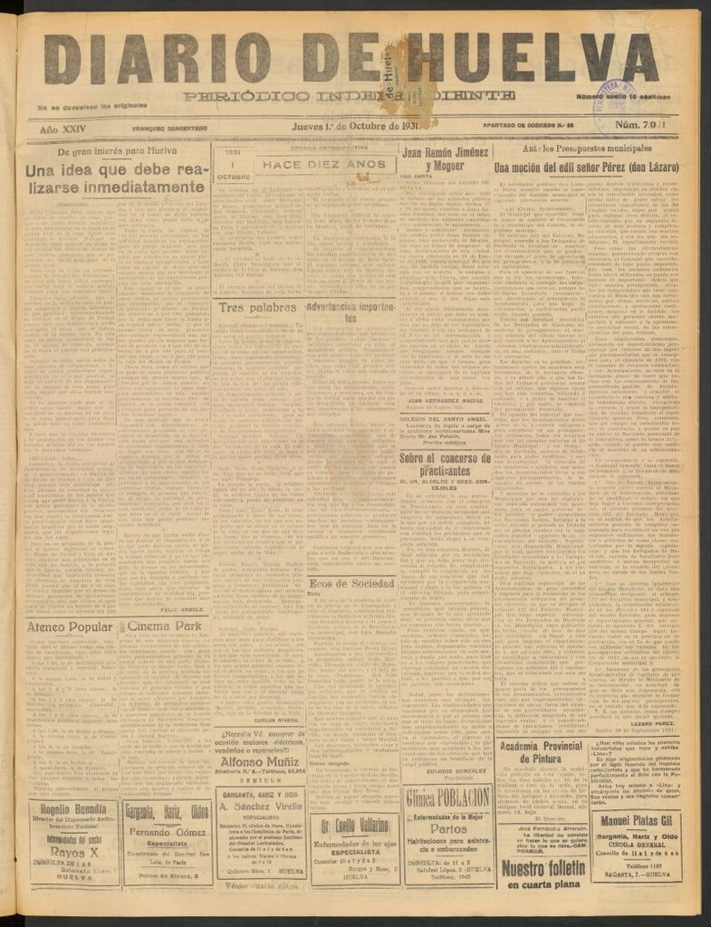 Miniatura de Diario de Huelva : periódico independiente del 1 de octubre de 1931