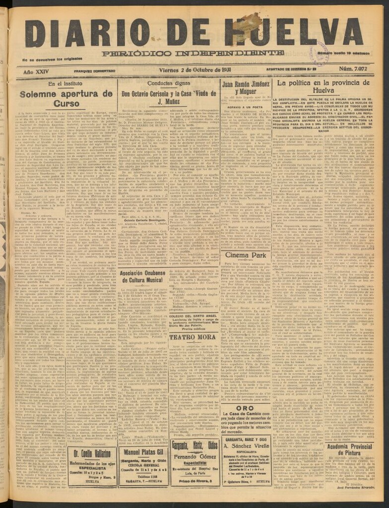 Miniatura de Diario de Huelva : periódico independiente del 2 de octubre de 1931