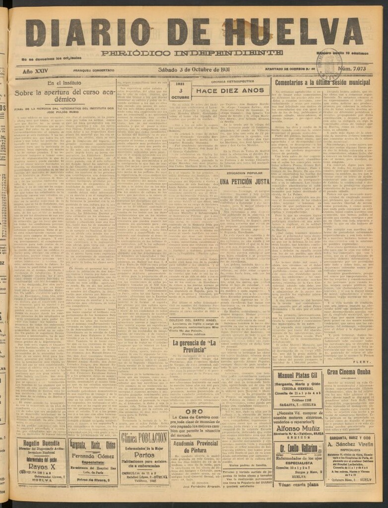 Miniatura de Diario de Huelva : periódico independiente del 3 de octubre de 1931