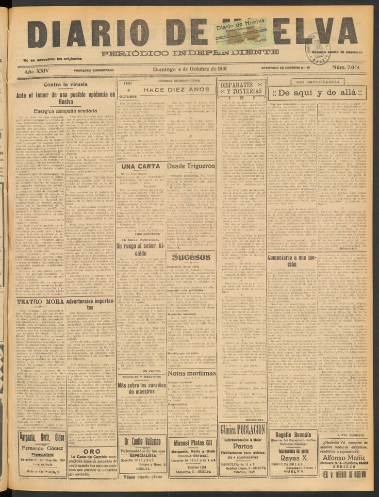 Miniatura de Diario de Huelva : periódico independiente del 4 de octubre de 1931