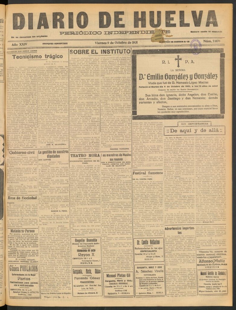 Miniatura de Diario de Huelva : periódico independiente del 9 de octubre de 1931