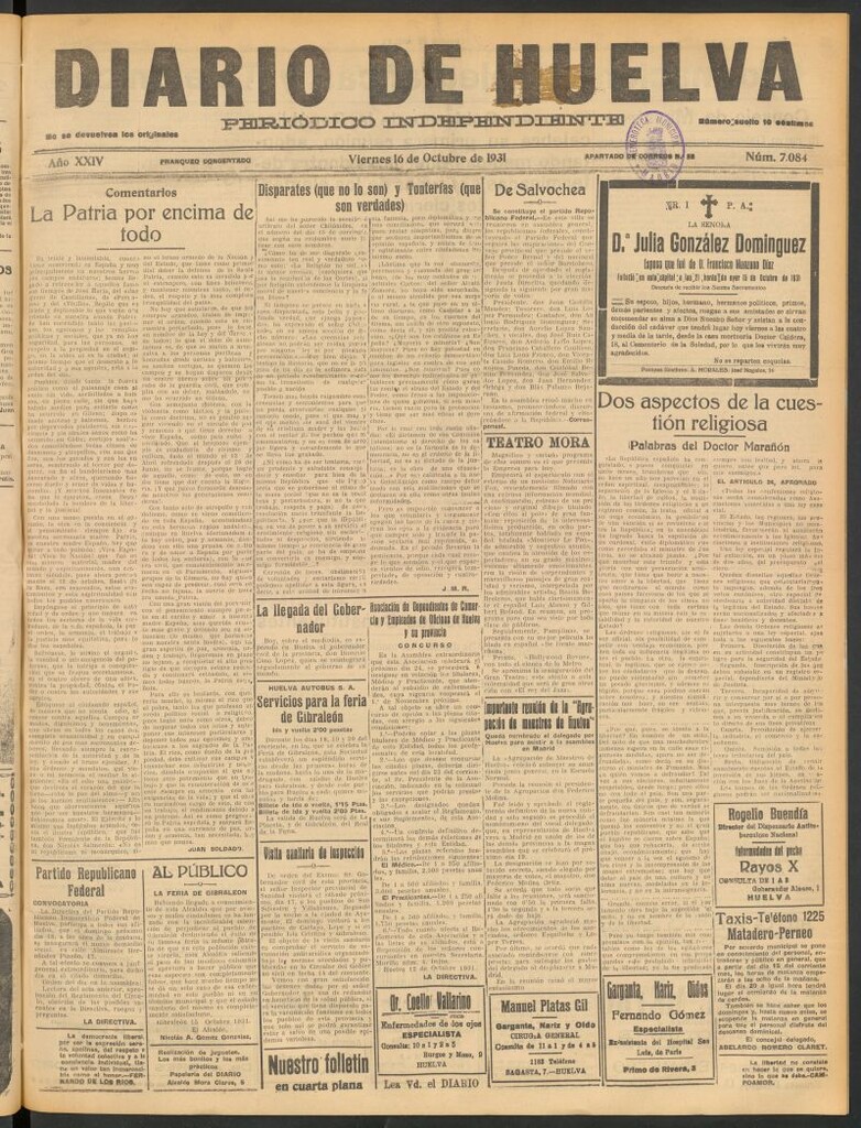 Miniatura de Diario de Huelva : periódico independiente del 16 de octubre de 1931