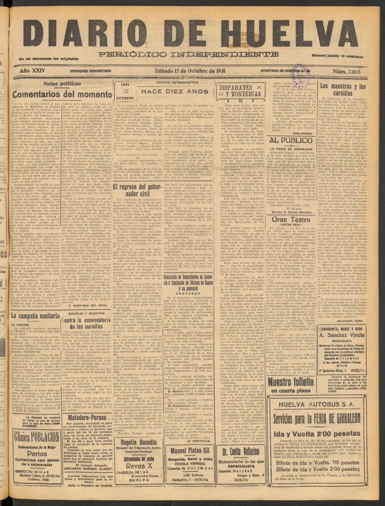 Miniatura de Diario de Huelva : periódico independiente del 17 de octubre de 1931