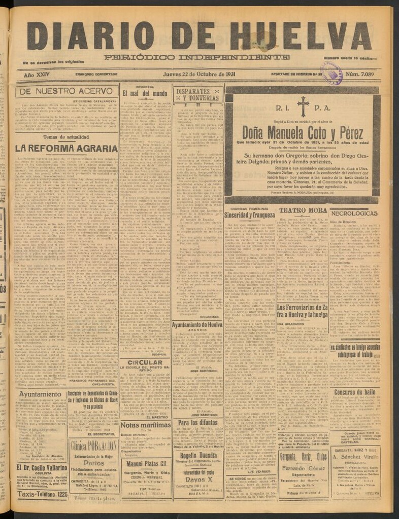 Miniatura de Diario de Huelva : periódico independiente del 22 de octubre de 1931