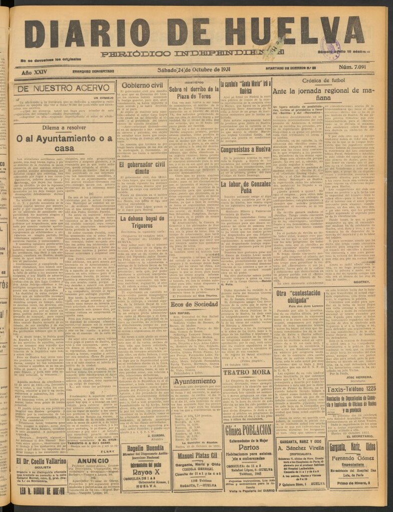 Miniatura de Diario de Huelva : periódico independiente del 24 de octubre de 1931