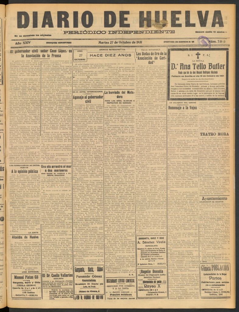 Miniatura de Diario de Huelva : periódico independiente del 27 de octubre de 1931