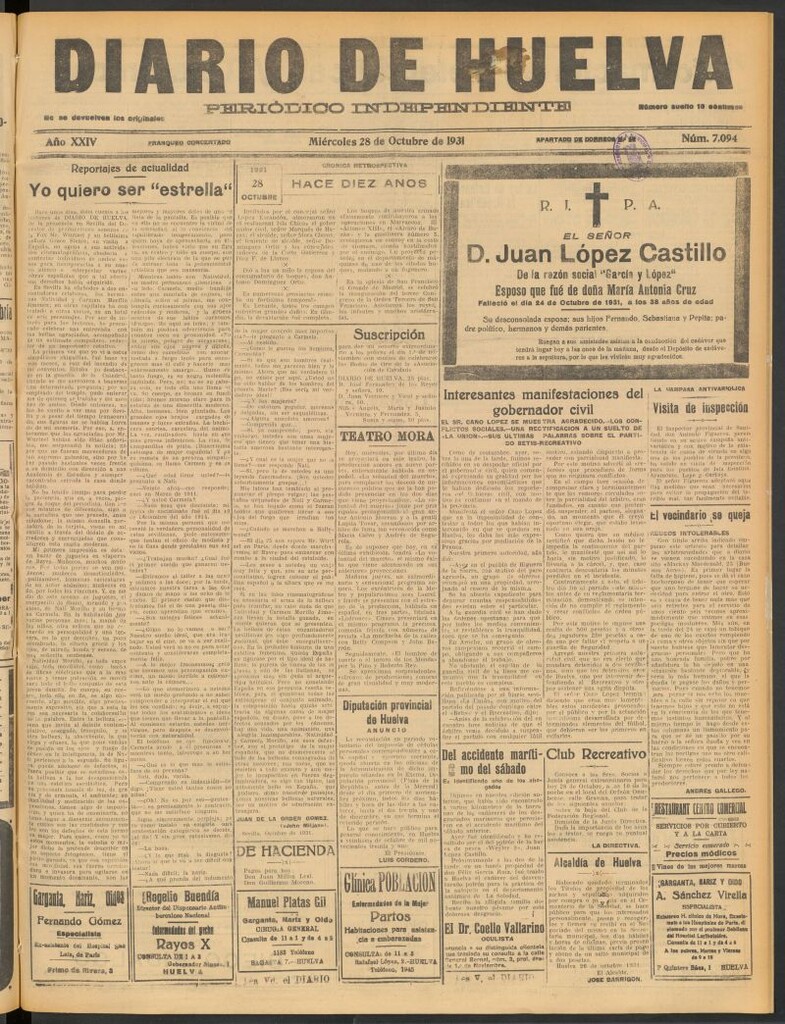 Miniatura de Diario de Huelva : periódico independiente del 28 de octubre de 1931